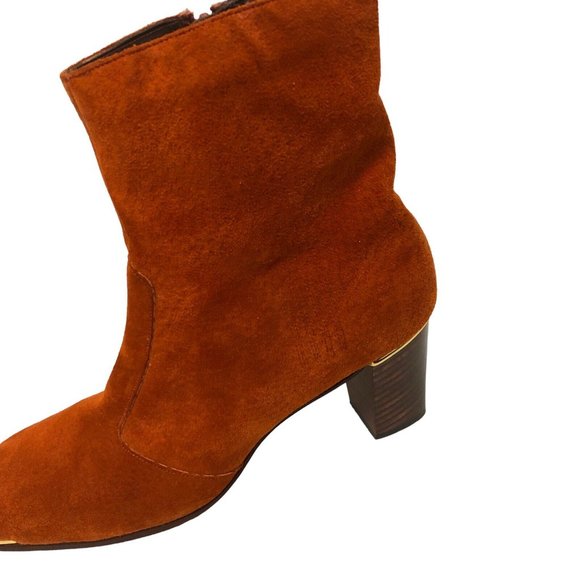 SOLD Vintage 60s Retro Burnt Orange Suede Leather Square Toe Chunky Heel Boots - Picture 7 of 12